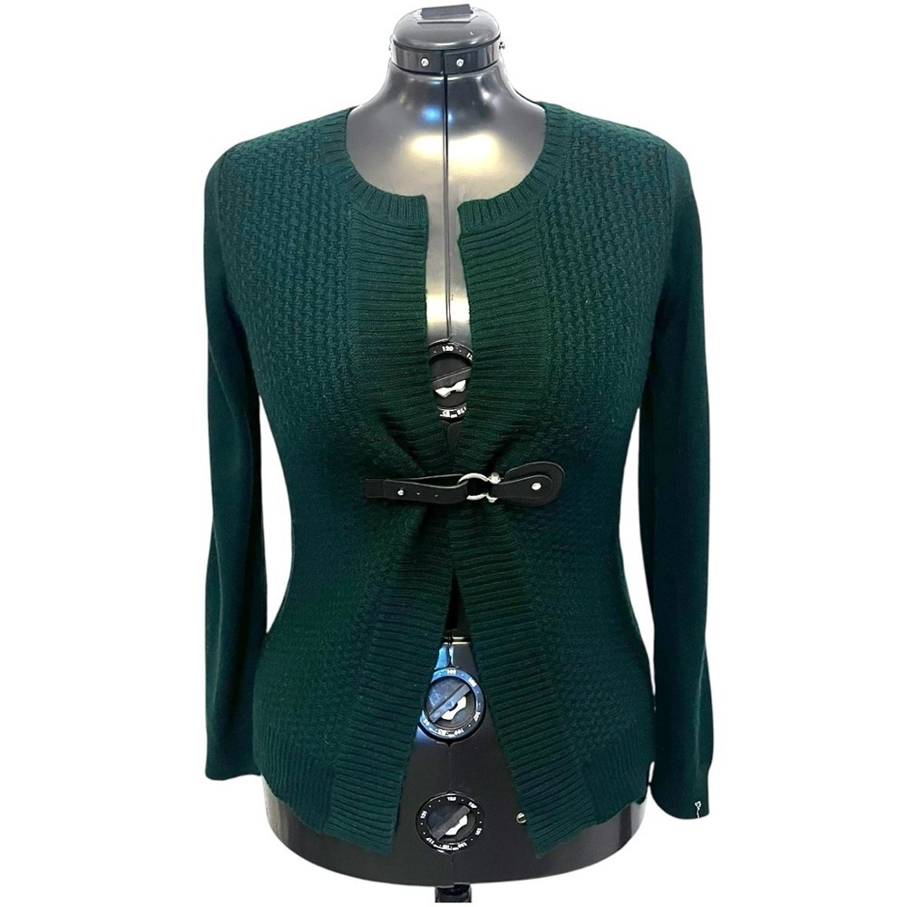 Susan Bristol Soft Merino Wool Cardigan with Faux Leather in Forest Green